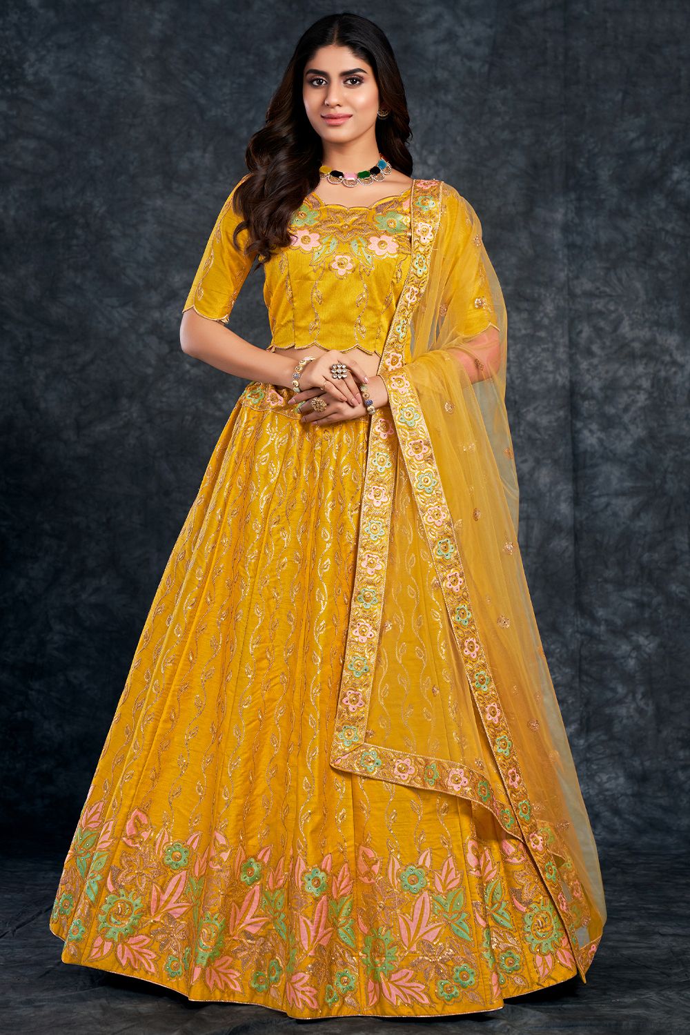 Yellow Floral Embroidered Silk Lehenga