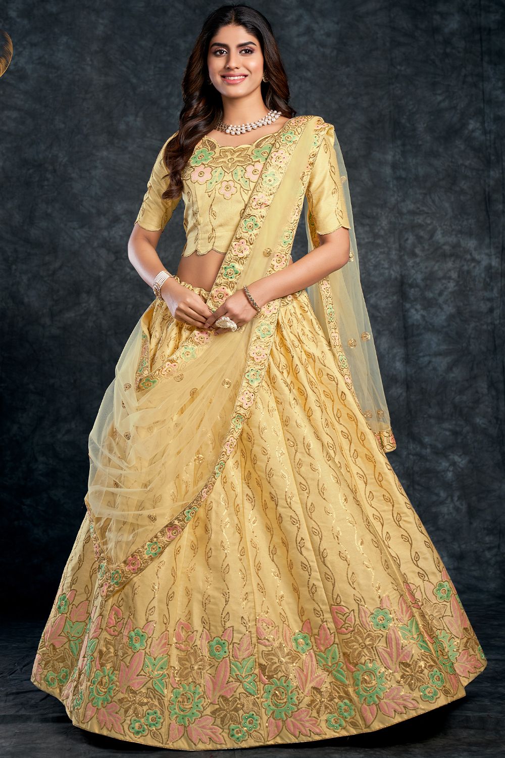  Pale Yellow Floral Embroidered Silk Lehenga