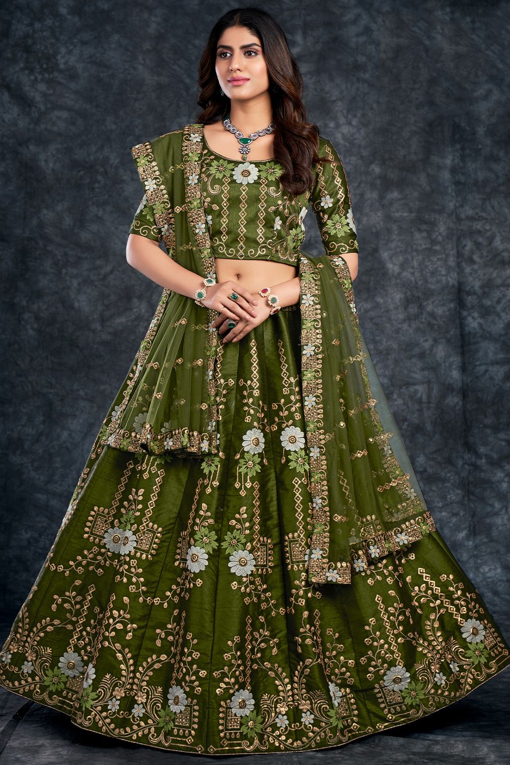 Olive Green Embroidered Silk Lehenga