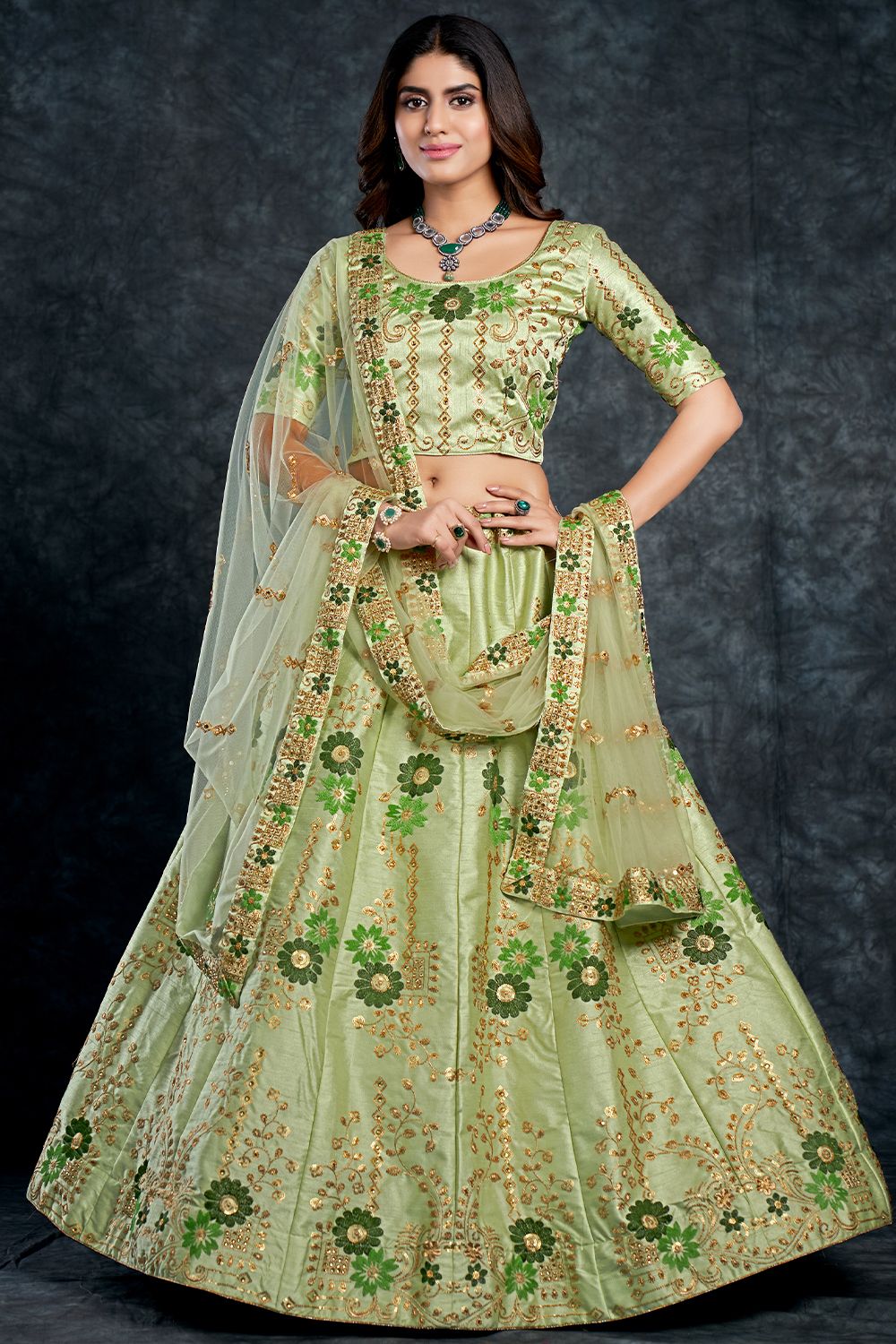 Pistachio Green Embroidered Silk Lehenga