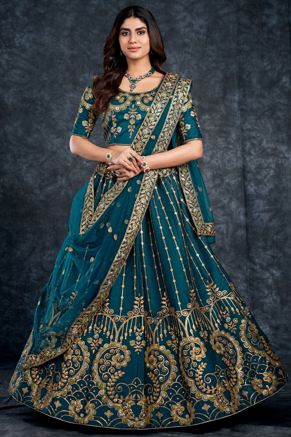 Teal Blue Embroidered Designer Silk Lehenga