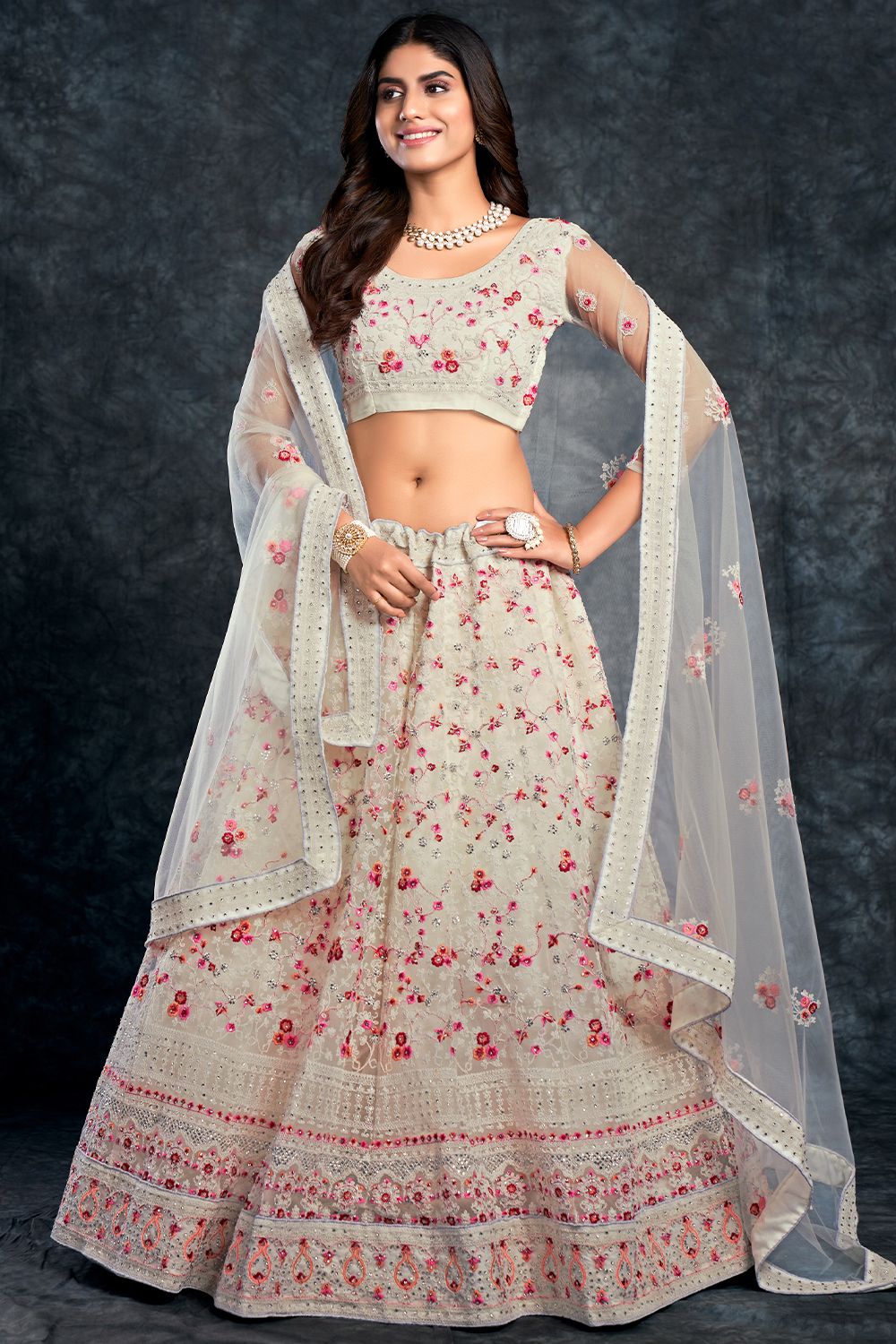 Off White Embroidered Silk Lehenga