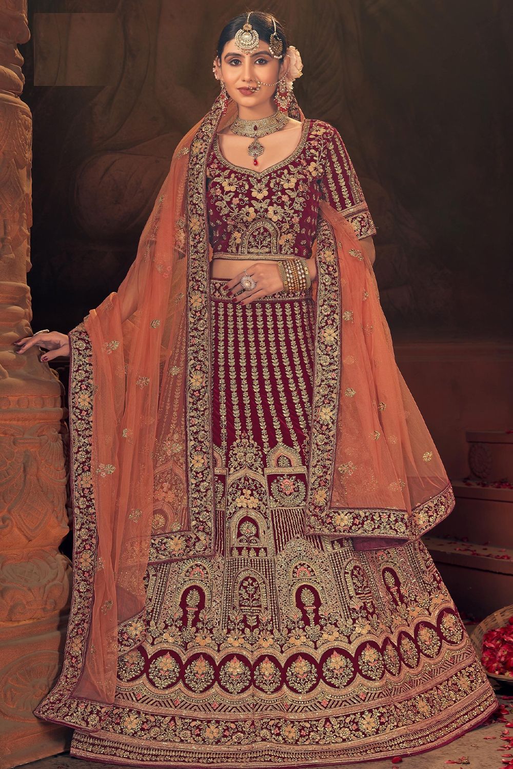 Maroon Embroidered Velvet  Lehenga