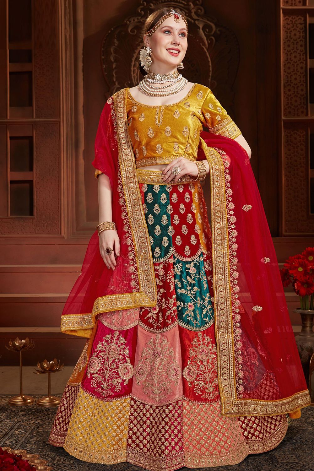 Multicolor Embroidered Velvet  Lehenga