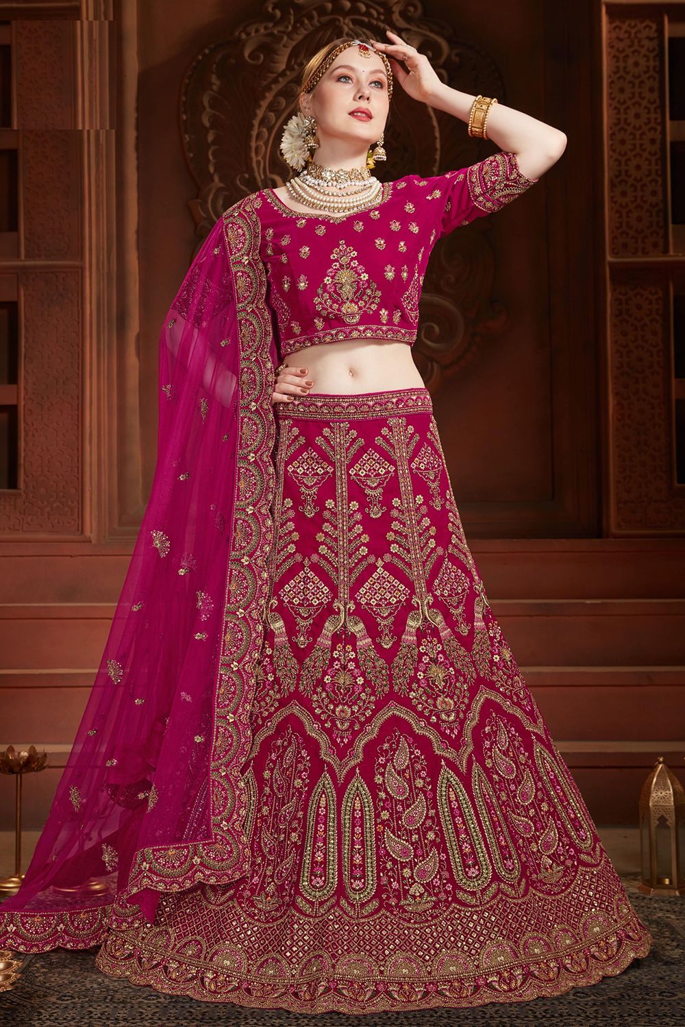Deep Pink Embroidered Velvet  Lehenga