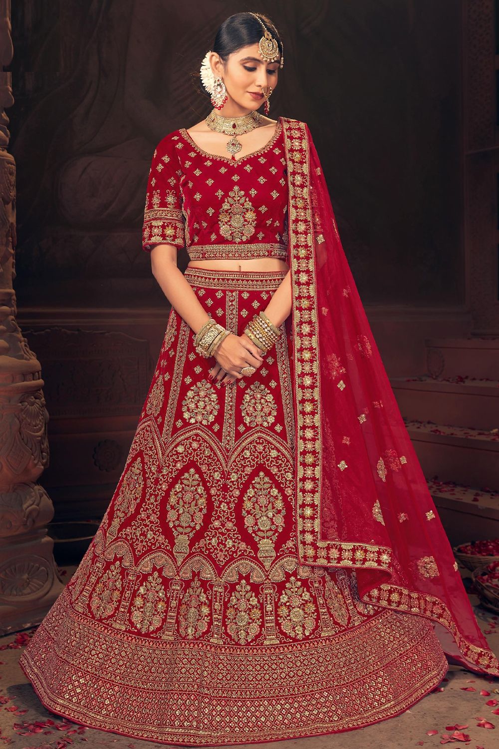 Red Embroidered Velvet  Lehenga Choli