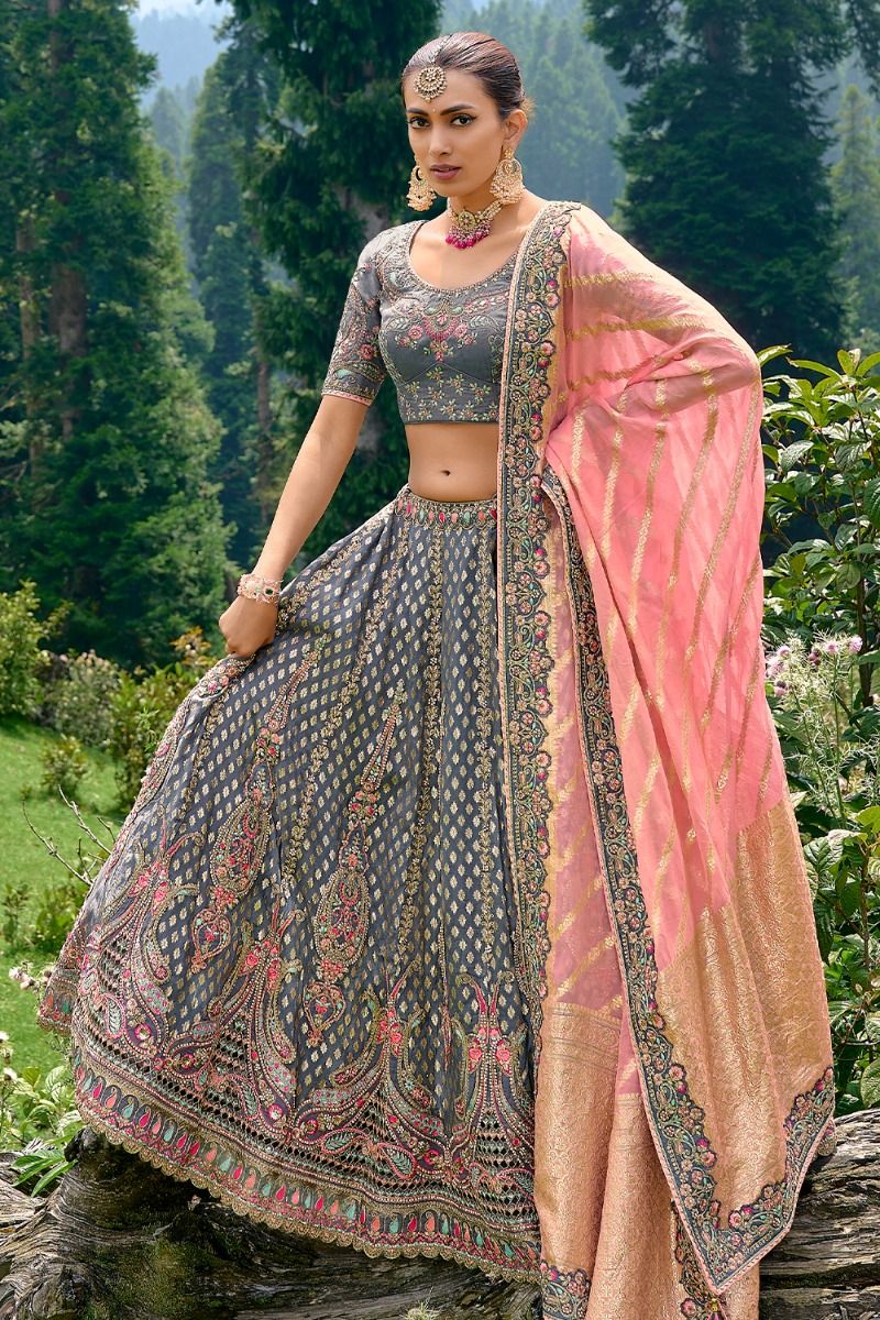 Grey Silk Lehenga Choli With Gota Work