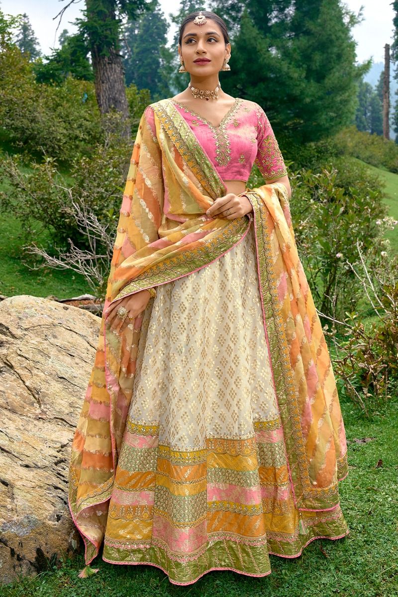 White Multicolor Silk Lehenga Choli With Gota Work
