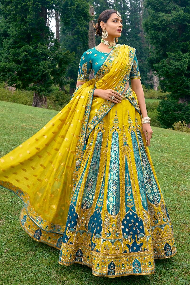 Lemon Yellow Silk Lehenga Choli With Gota Work