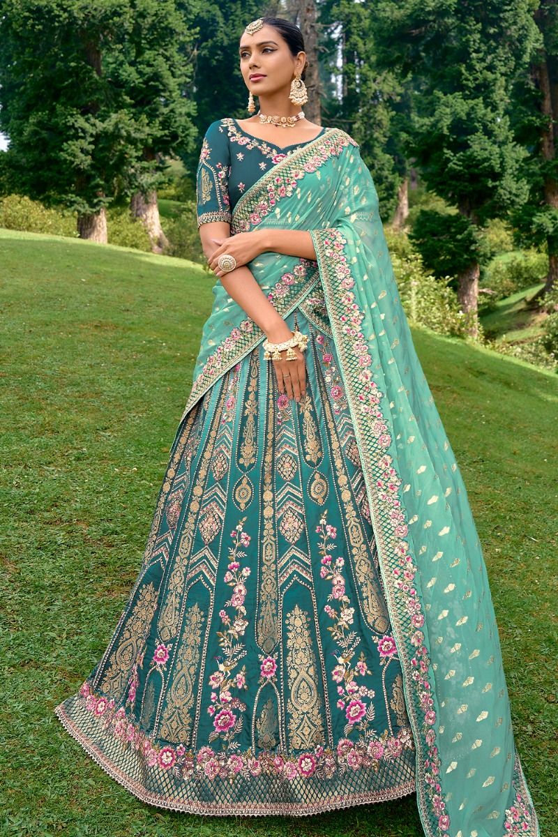 Dark Teal Green Silk Lehenga Choli With Gota Work