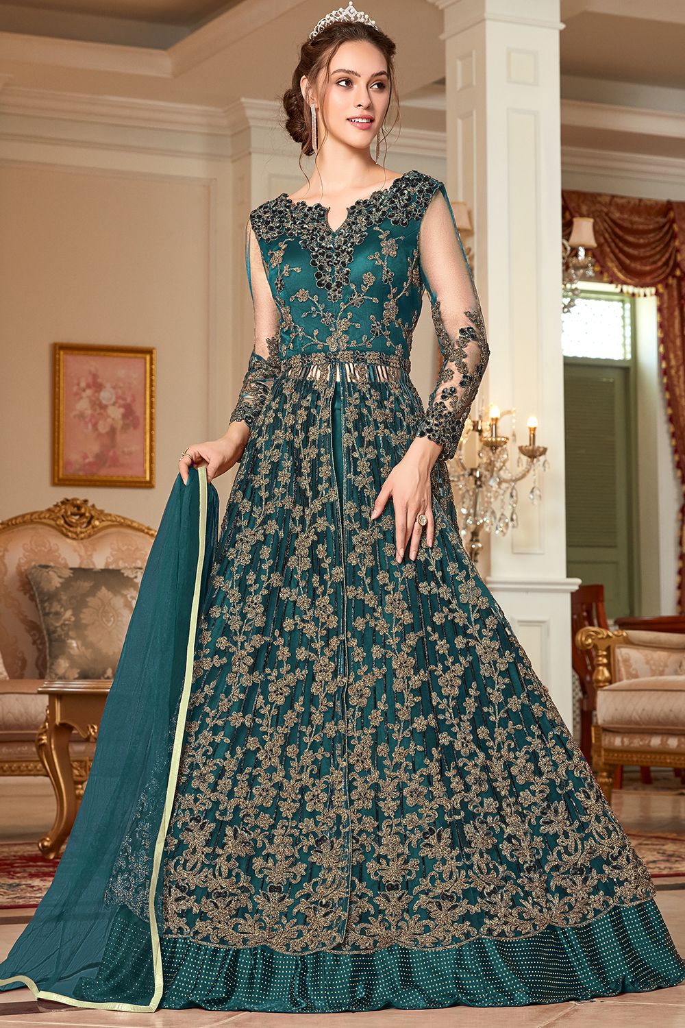 Green Embroidered Long Net Lehenga Choli