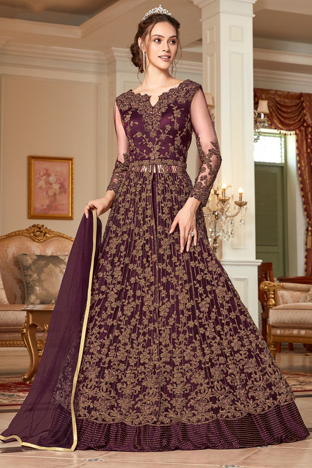 Burgundy Embroidered Long Net Lehenga Choli