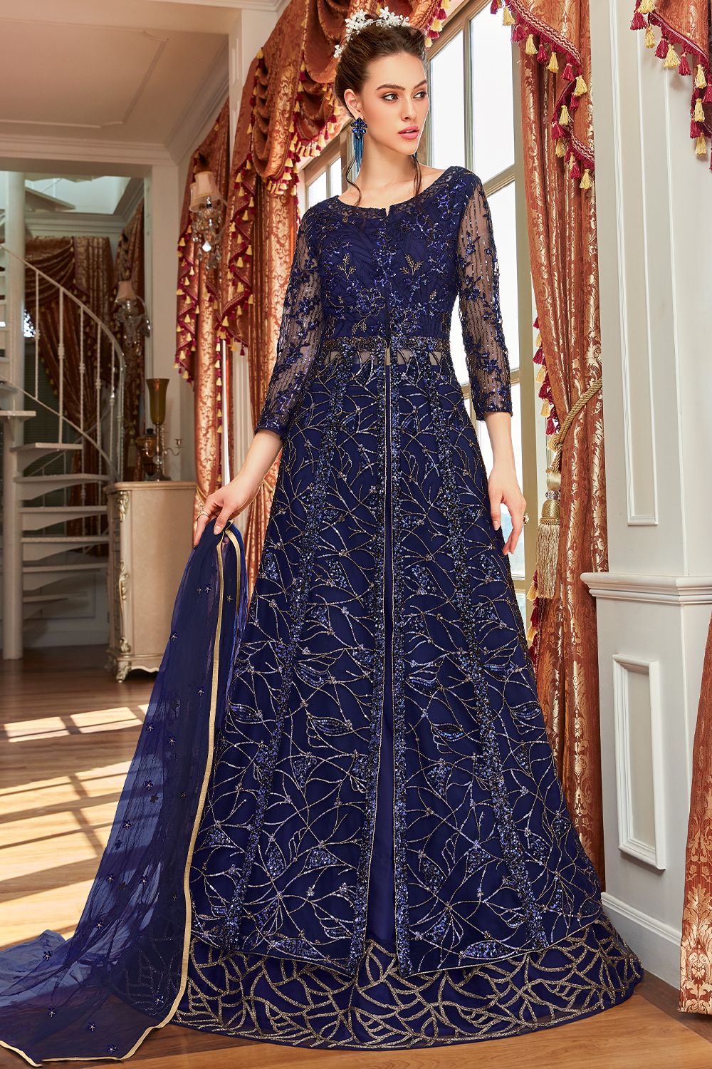 Navy Blue Embroidered Long Lehenga Choli