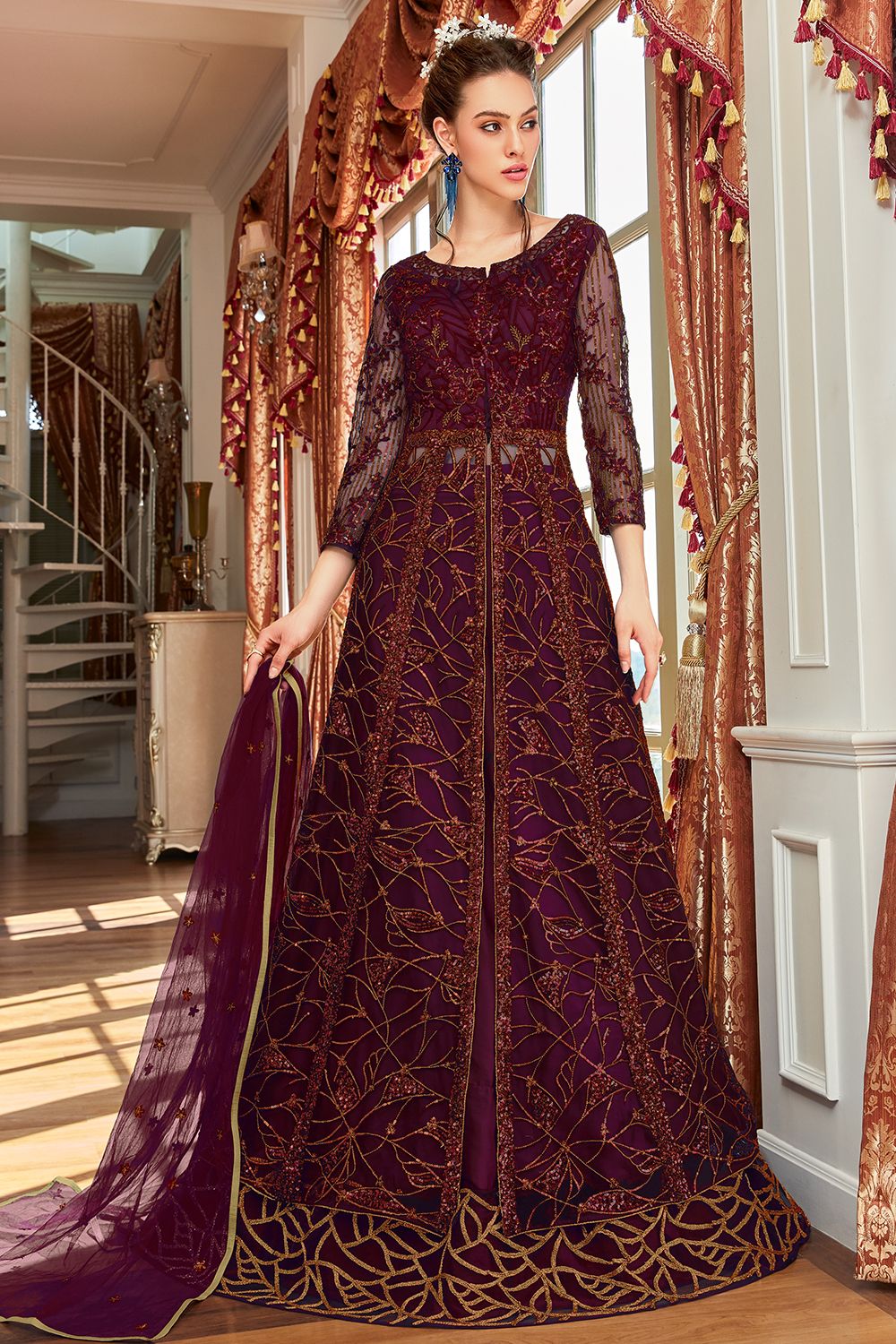 Maroon Embroidered Long Lehenga Choli