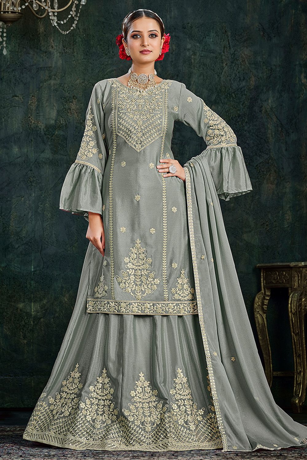 Greenish Grey Chinnon Long Choli Lehenga