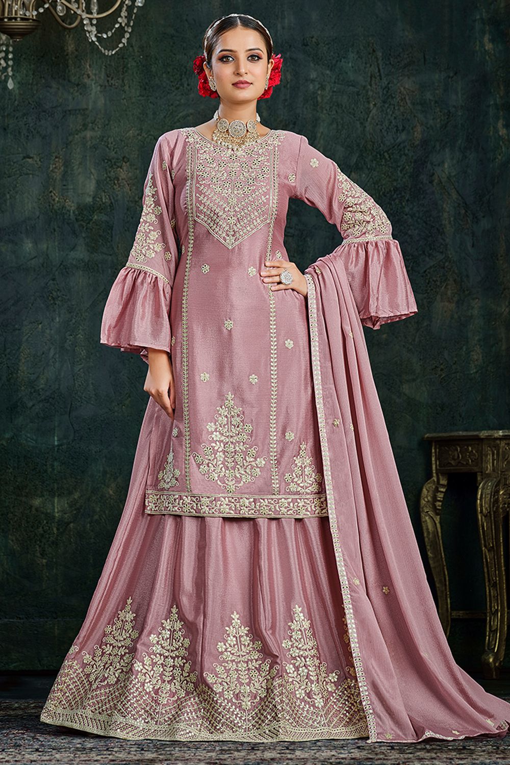 Dusty Pink Chinnon Long Choli Lehenga