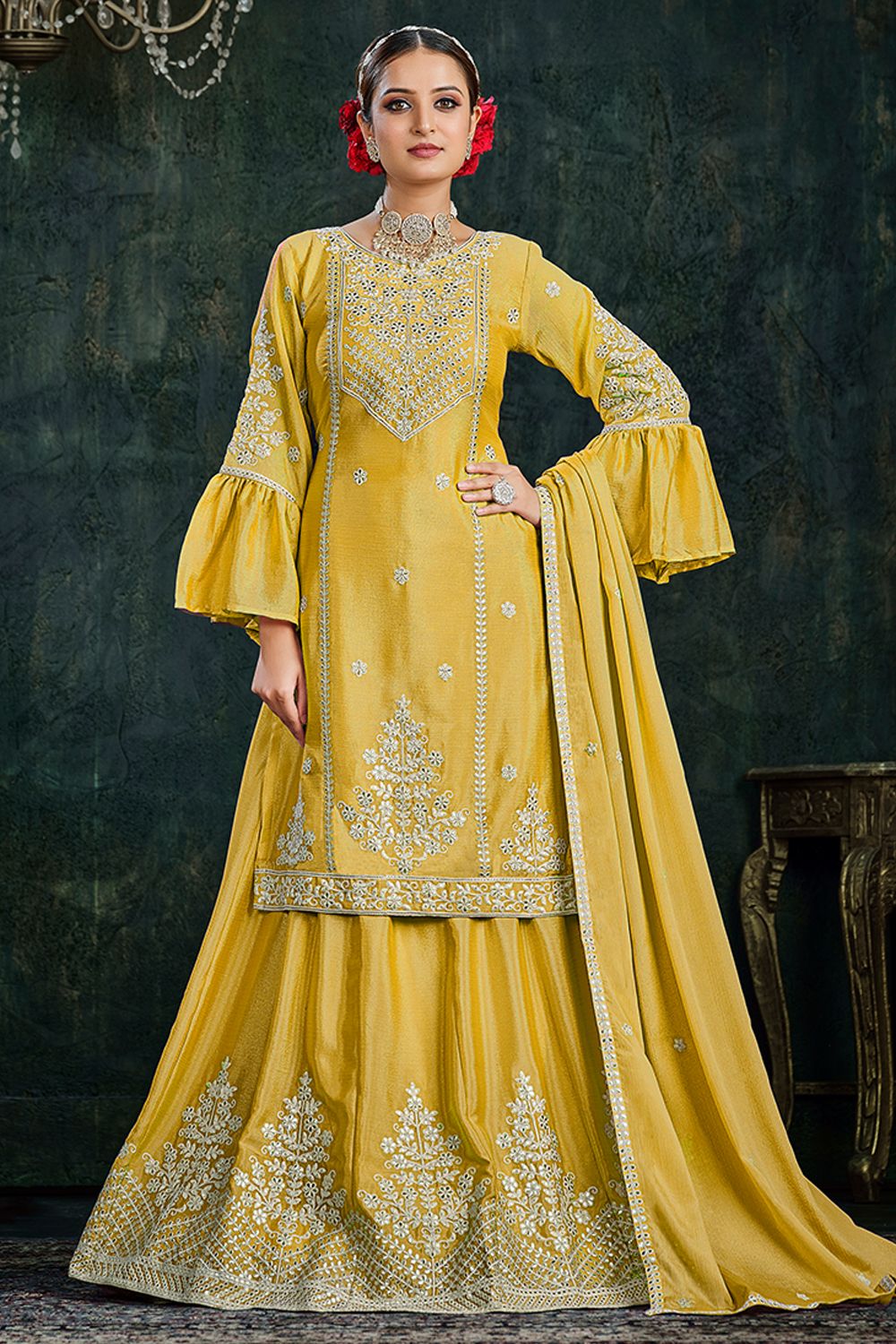 Yellow Chinnon Long Choli Lehenga
