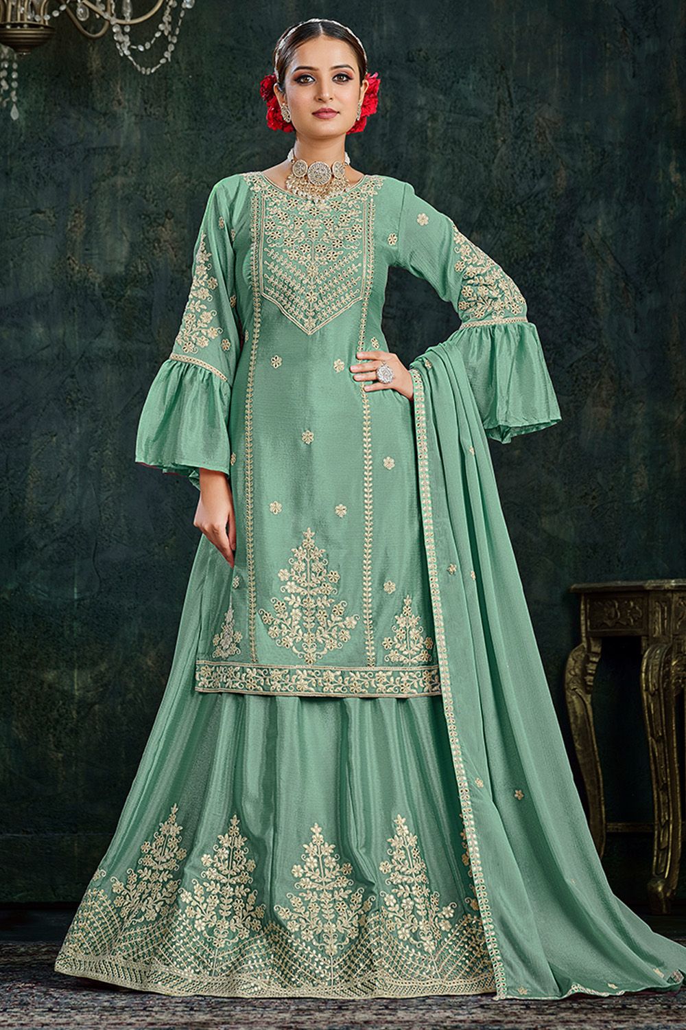 Pastel Green Chinnon Long Choli Lehenga