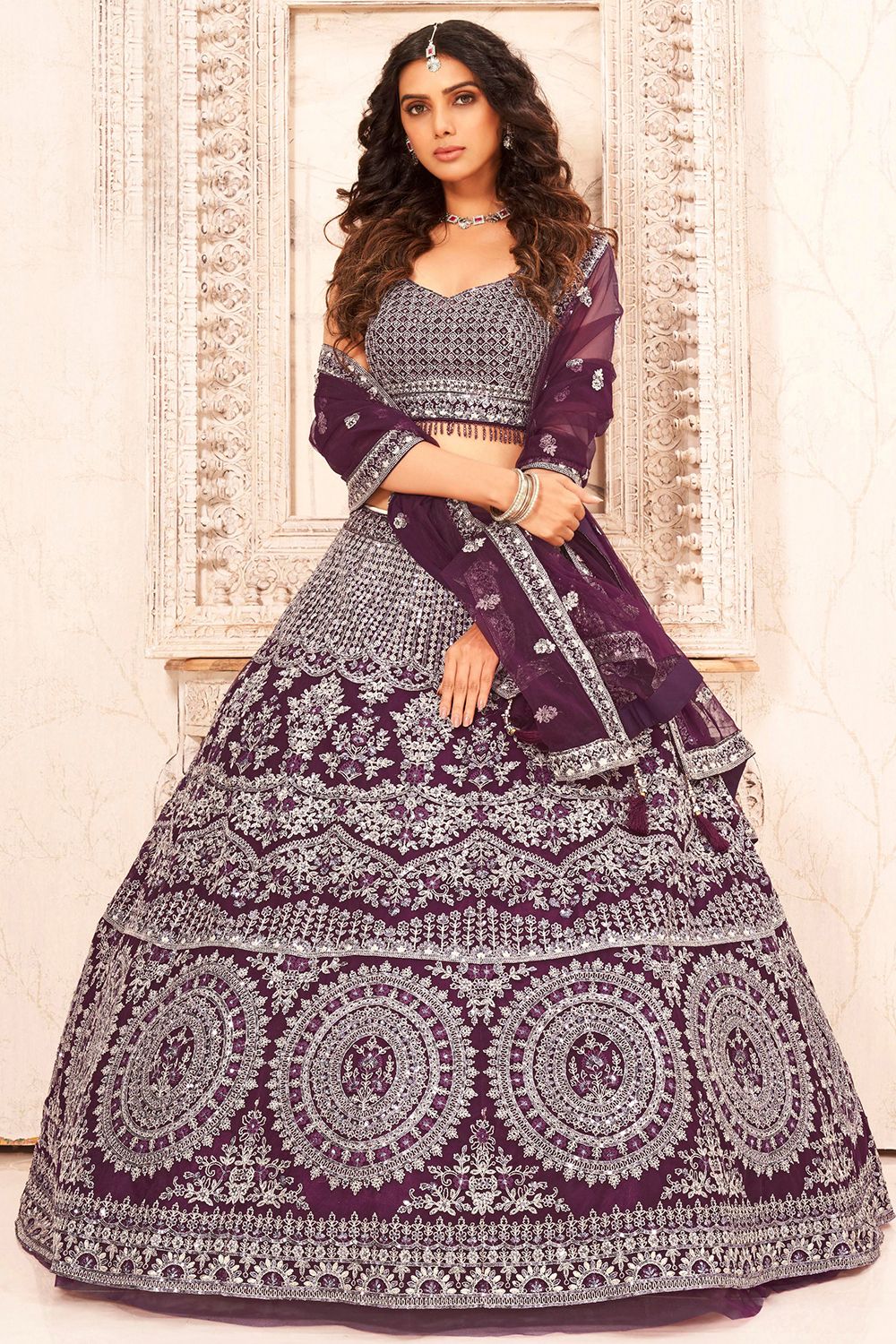 Purple Thread Georgette Embroidered Lehenga
