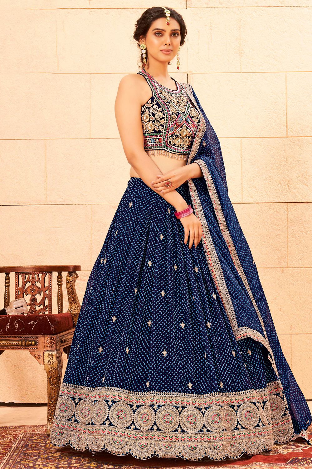 Blue  Sequins  Embroidered  Georgette Lehenga