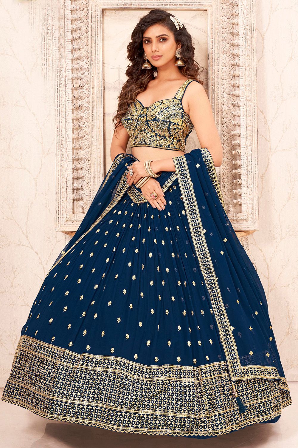 Blue  Embroidered  Georgette Lehenga