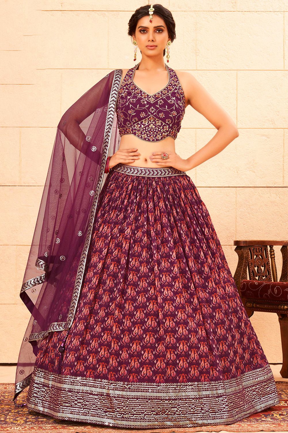 Maroon Sequins  Embroidered  Georgette Lehenga