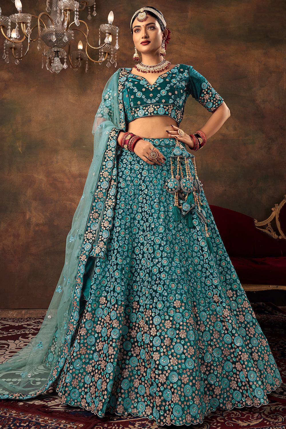 Peacock Blue Velvet Embroidered Lehenga
