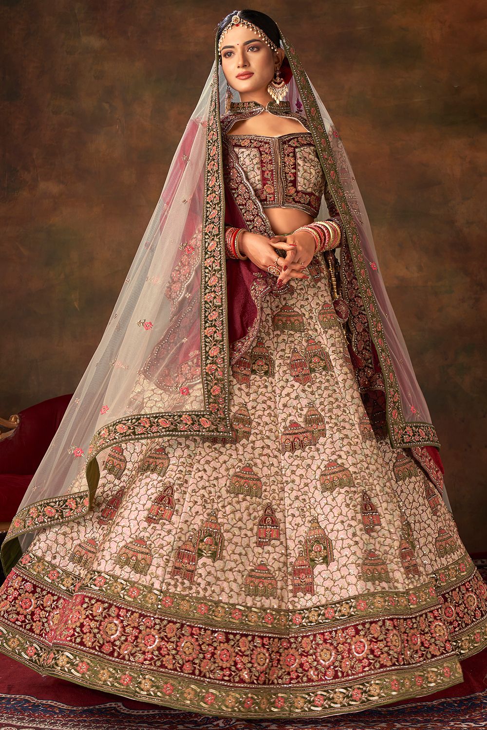 Light Peach Velvet Embroidered Lehenga