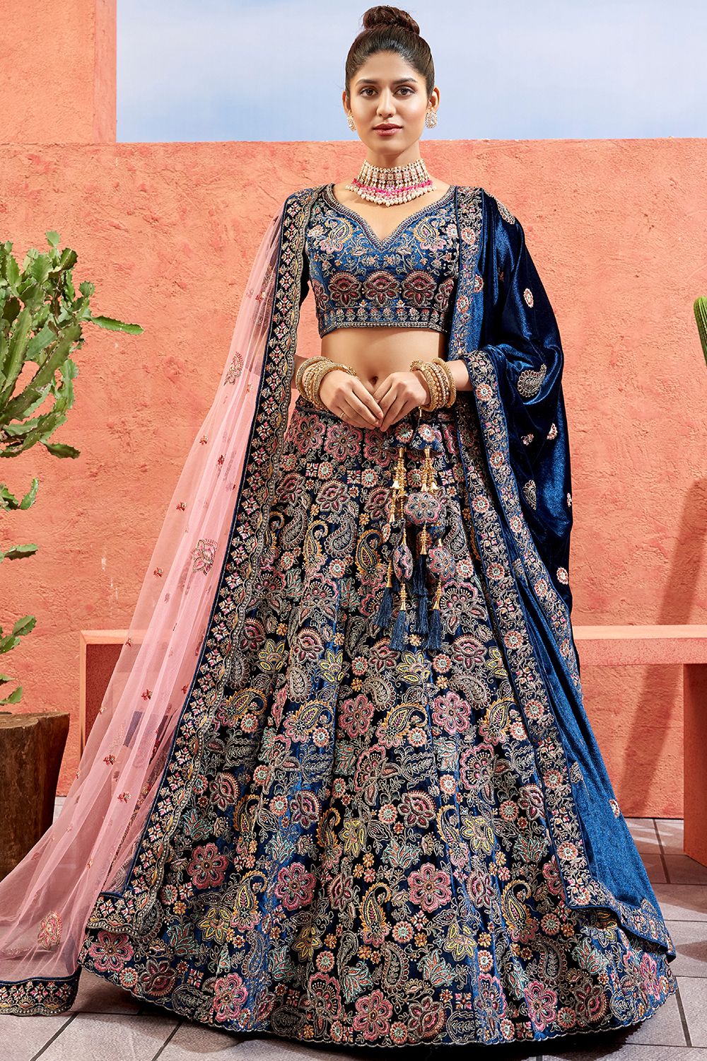 Dark Blue Velvet Embroidered Lehenga