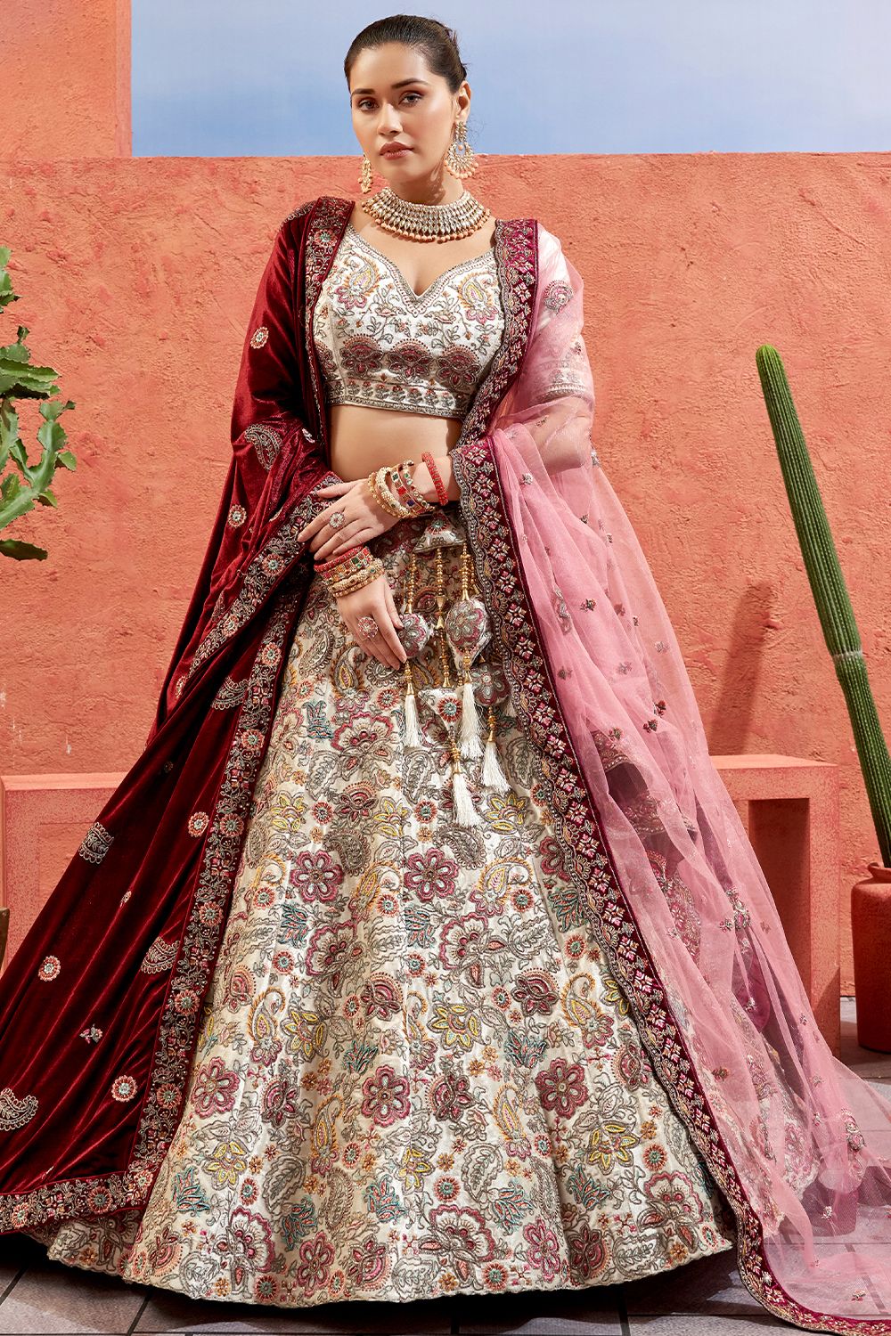 Ivory Velvet Embroidered Lehenga
