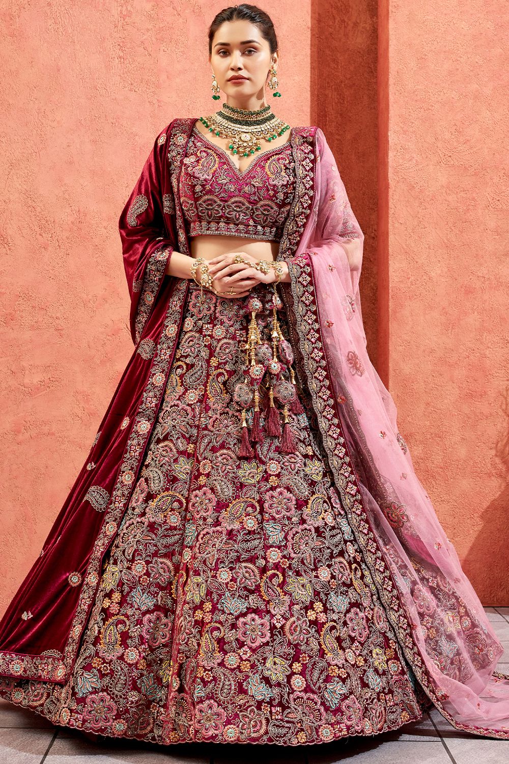 Maroon Velvet Embroidered Lehenga
