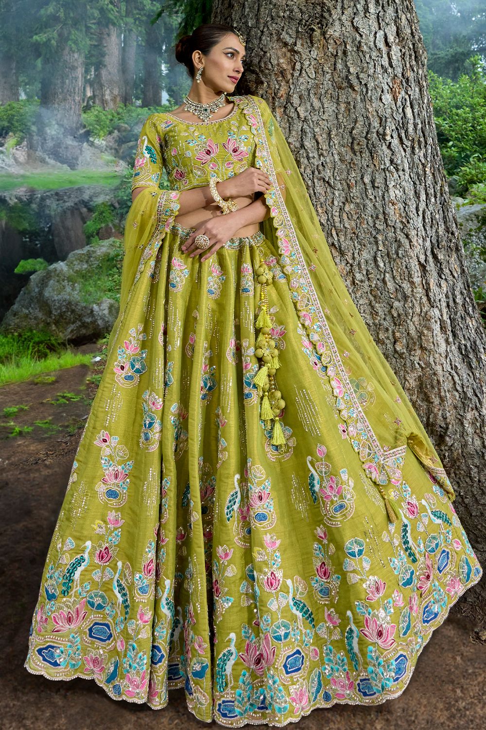 Pear Green Silk Embroidered Lehenga