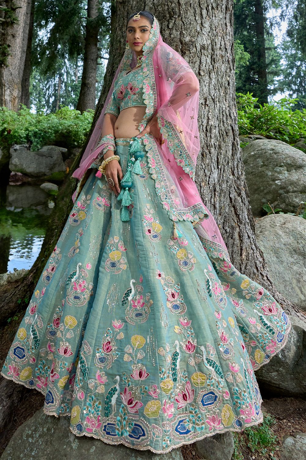 Mint Blue Silk Embroidered Lehenga