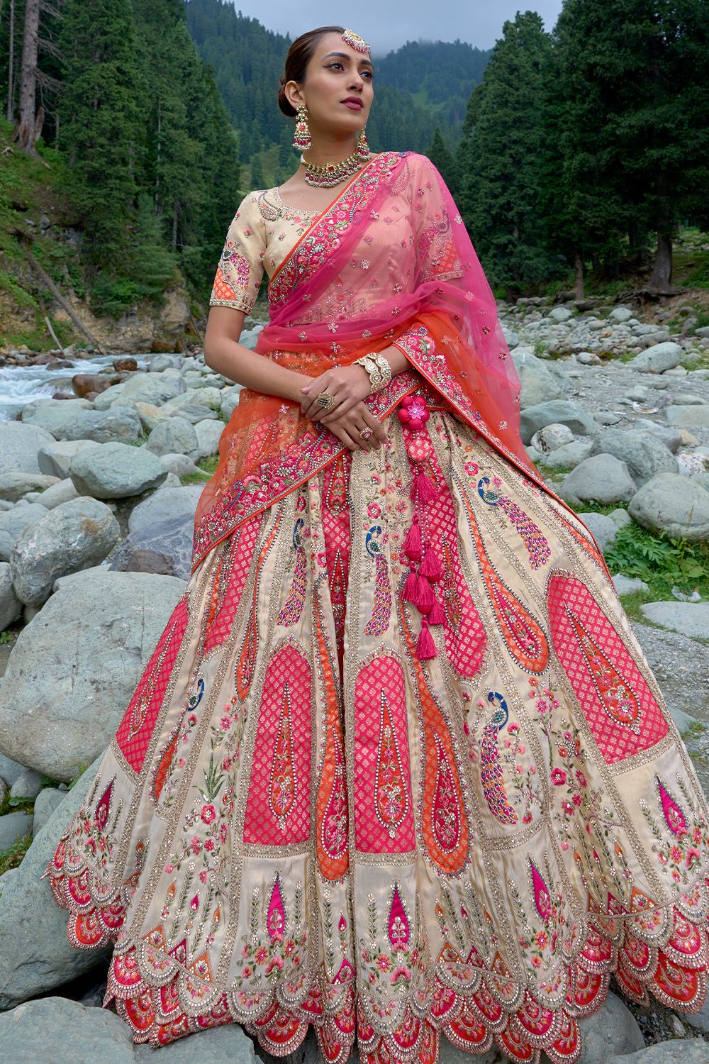 Dark Beige Silk Embroidered Lehenga