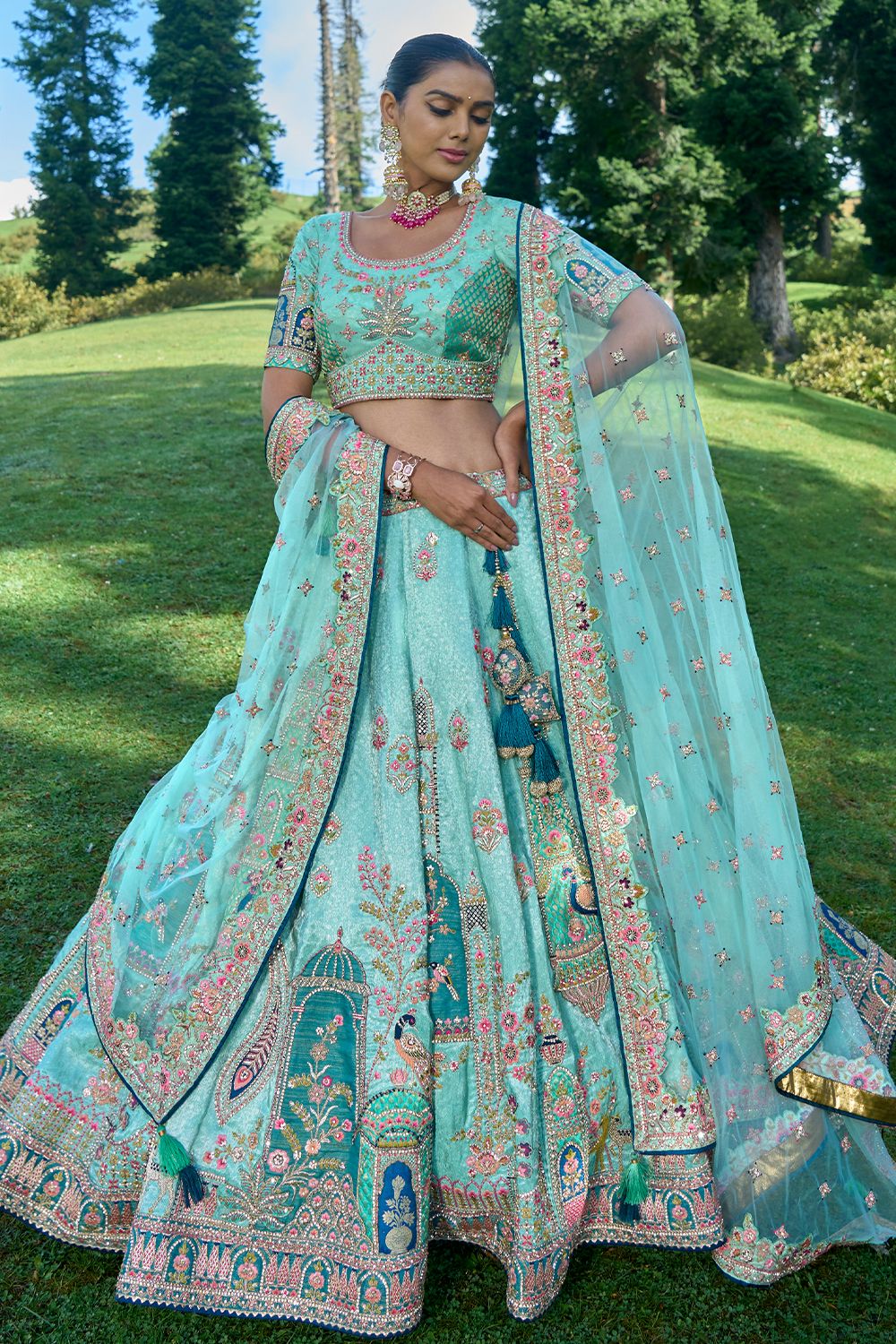 Mint Blue Embroidered Silk Panelled Lehenga