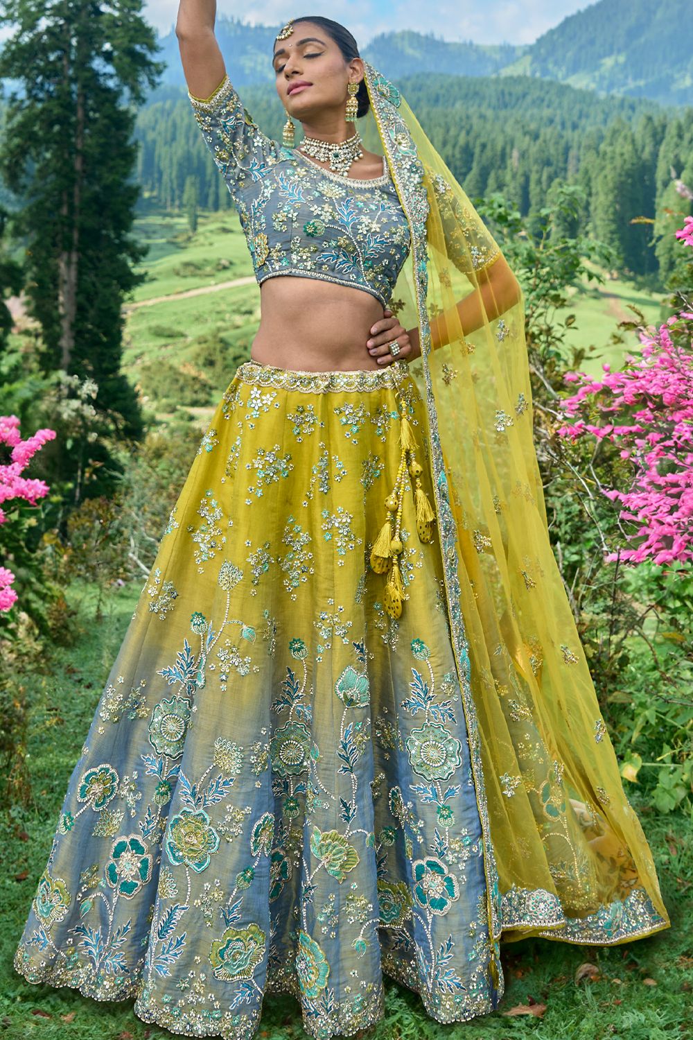 Steel Grey and Yellow Embroidered Silk Panelled Lehenga