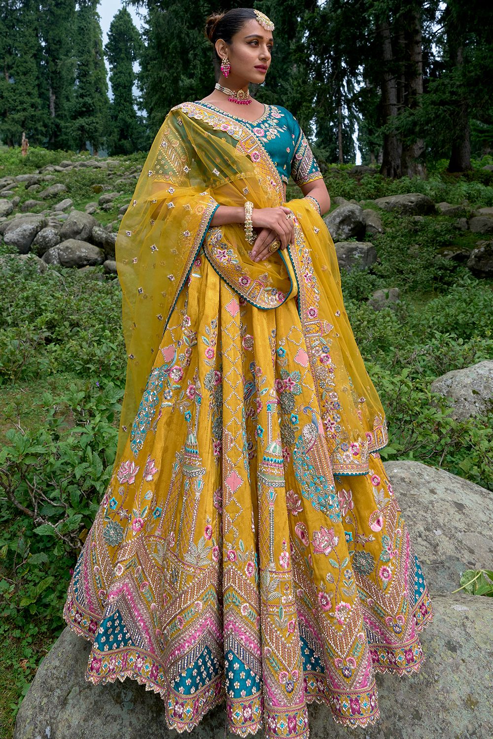Mustard Yellow Embroidered Silk Panelled Lehenga