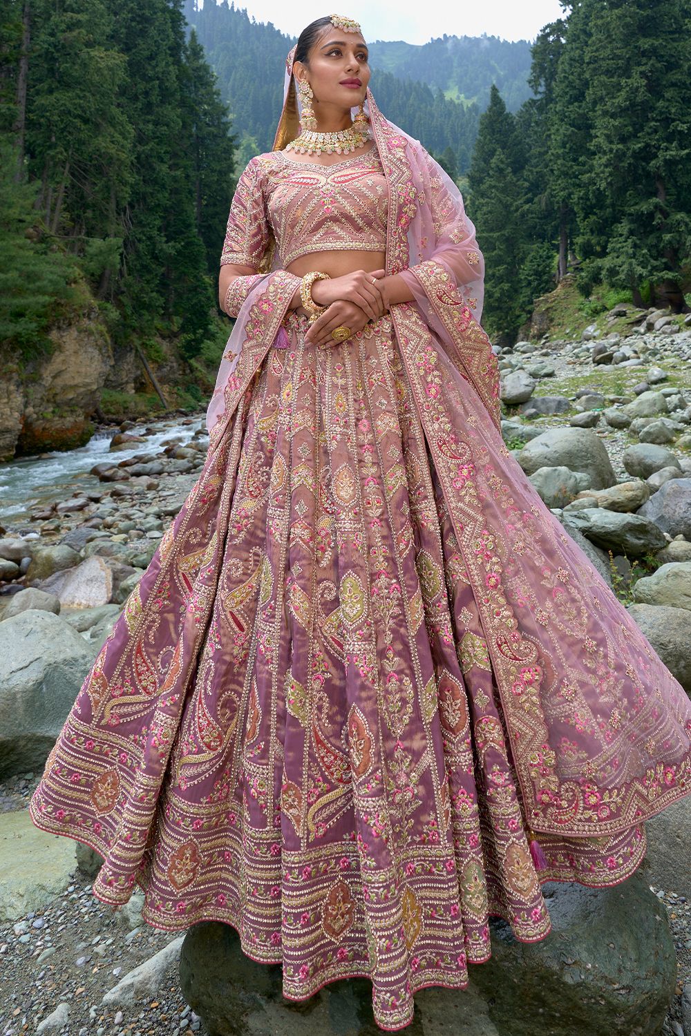 Dusty Pink Embroidered Silk Panelled Lehenga