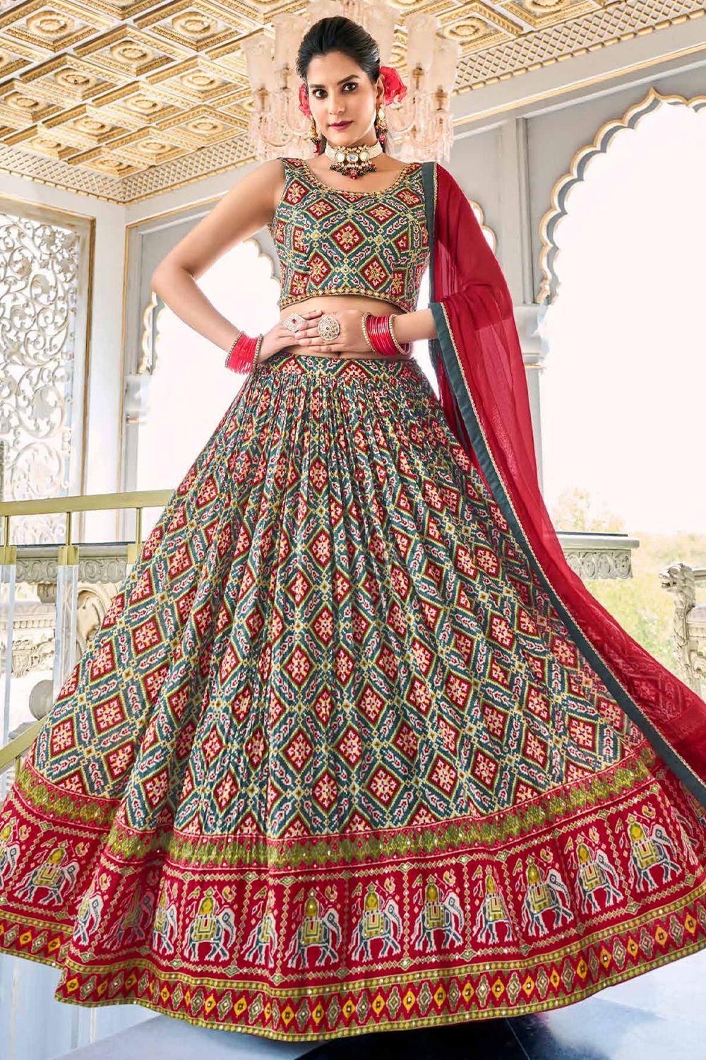 Dark Green Muslin Lehenga Choli