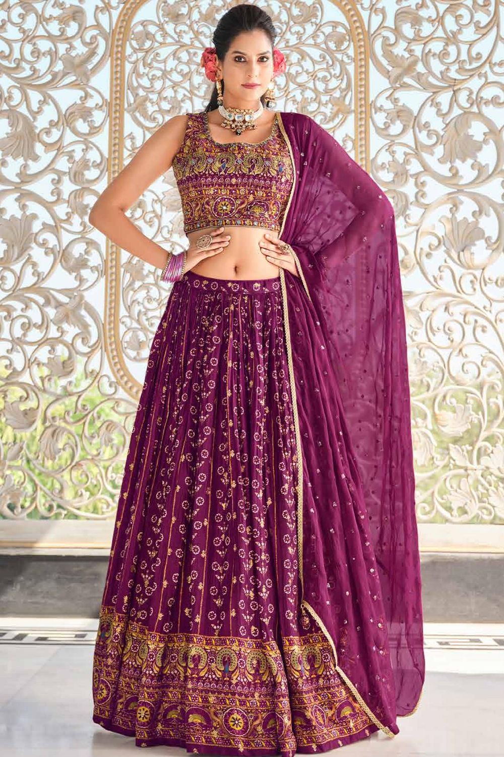 Purple Muslin Lehenga Choli