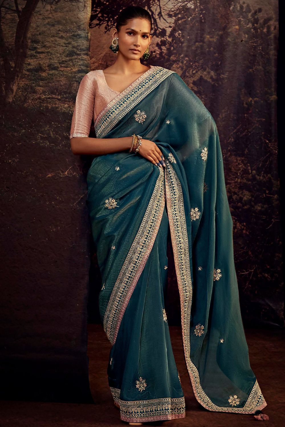 Teal Blue Embroidered Fancy Fabric Silk Saree