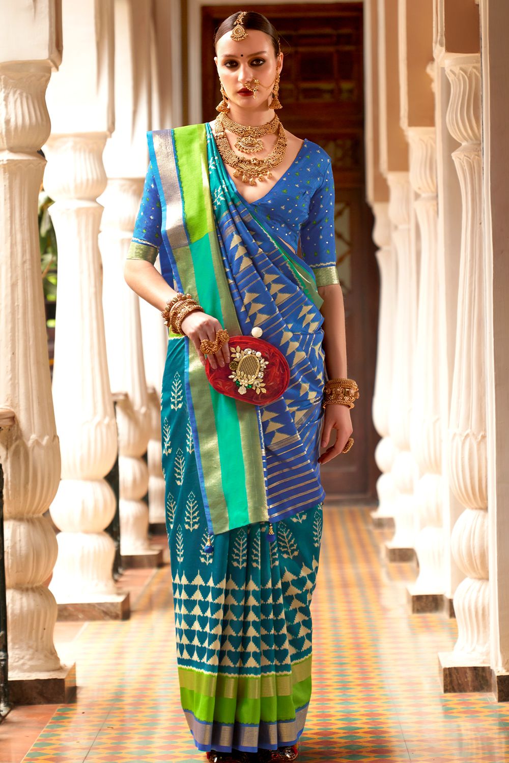 Teal Blue Ethnic Motif Printed Fancy Silk Saree