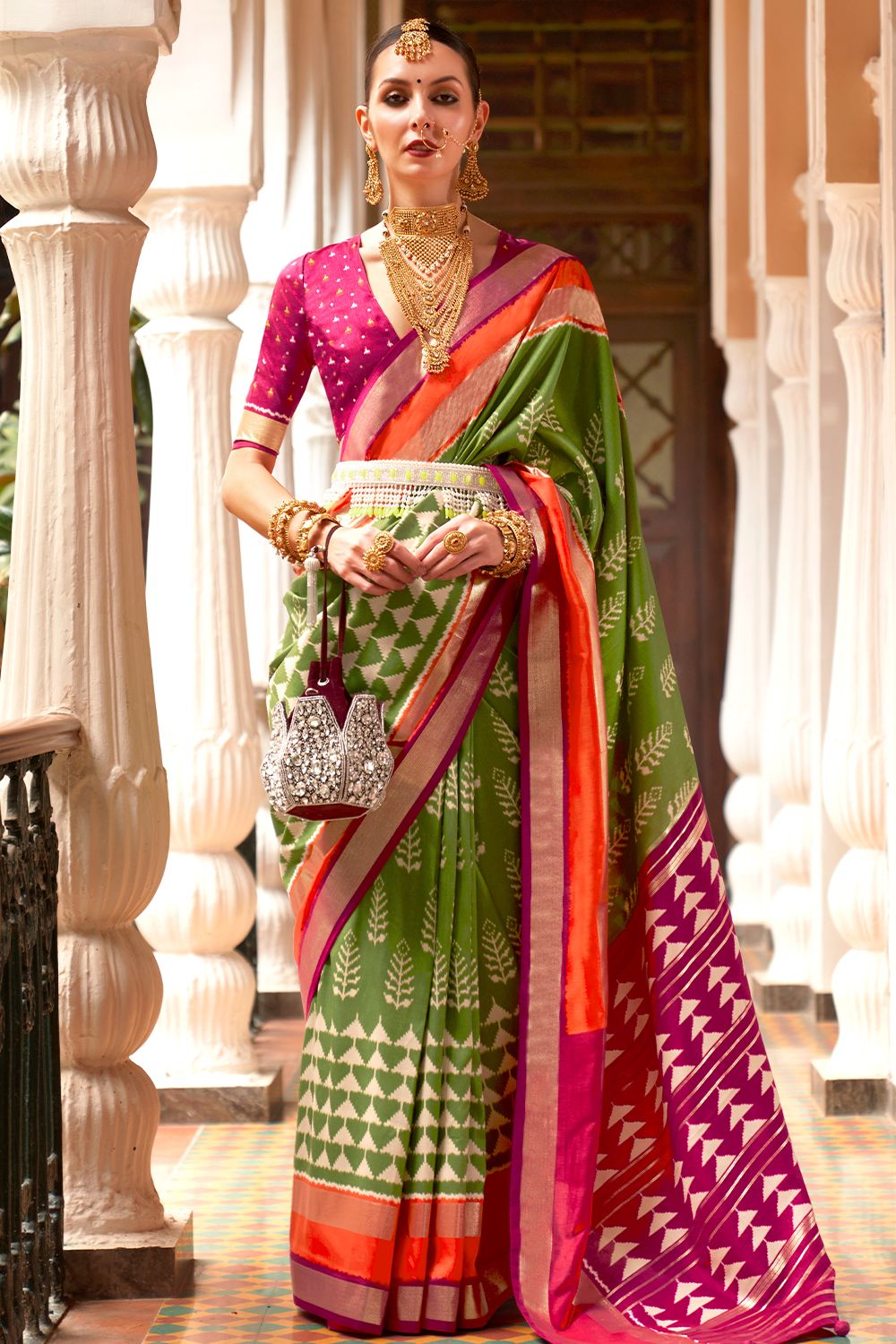 Pear Green Ethnic Motif Printed Fancy Silk Saree