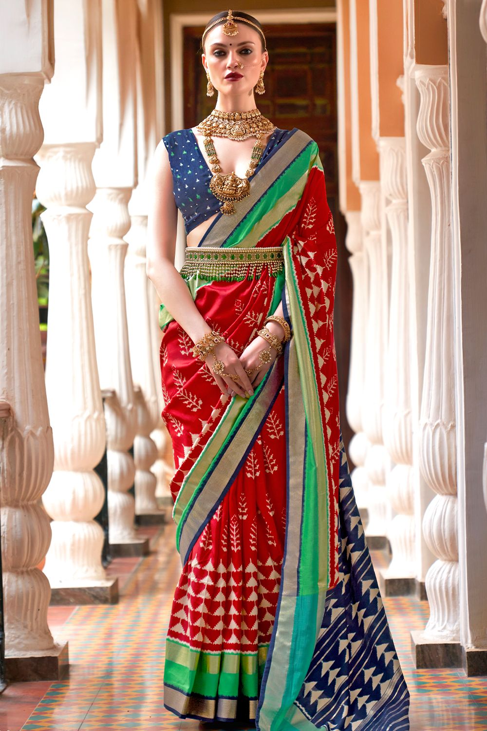 Cherry Red Ethnic Motif Printed Fancy Silk Saree