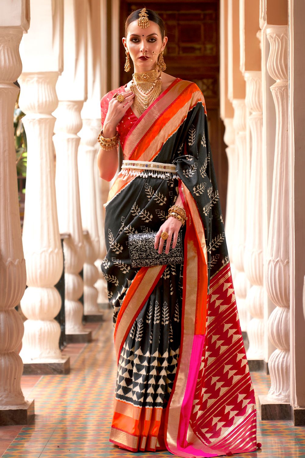 Black Ethnic Motif Printed Fancy Silk Saree