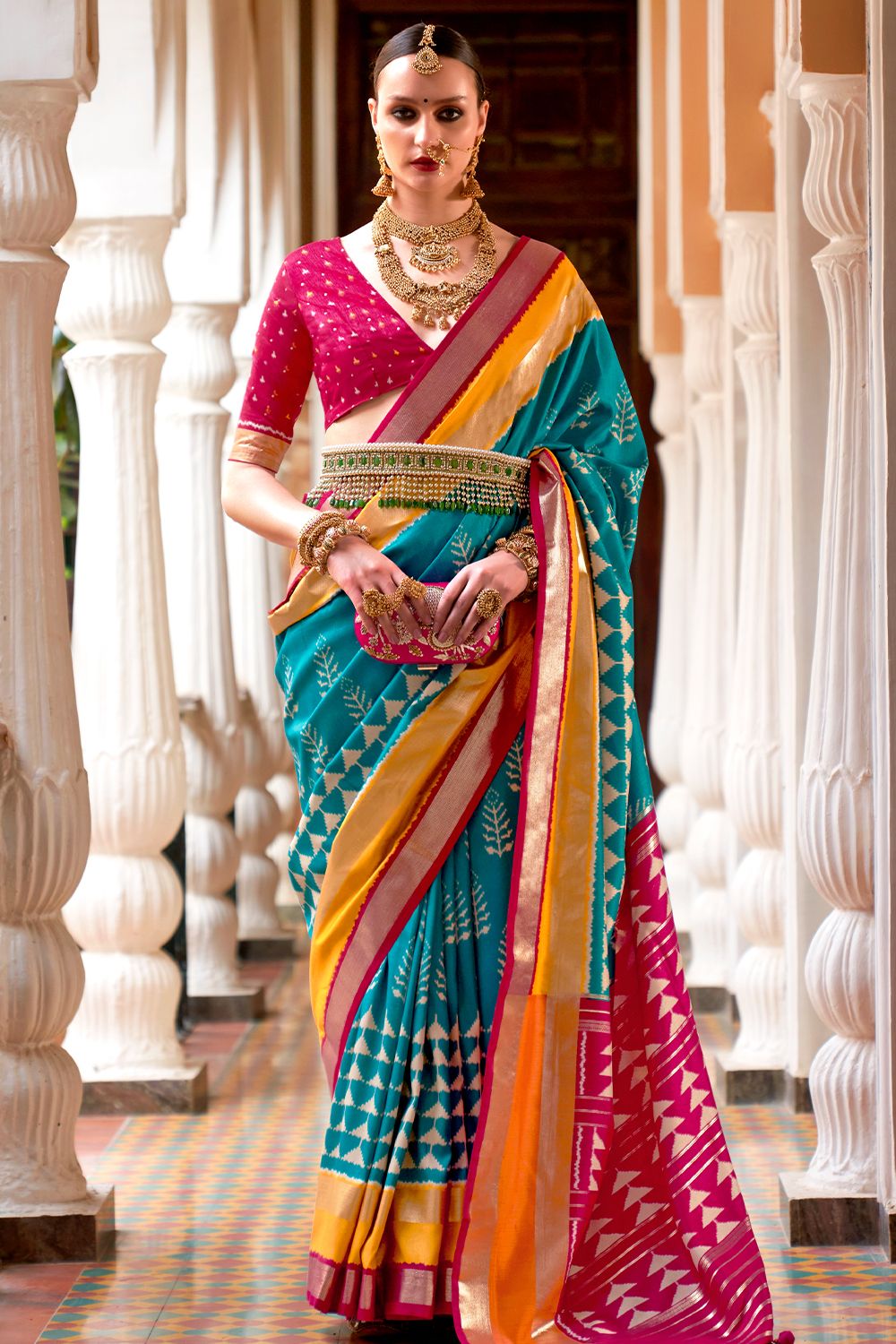 Horizon Blue Ethnic Motif Printed Fancy Silk Saree