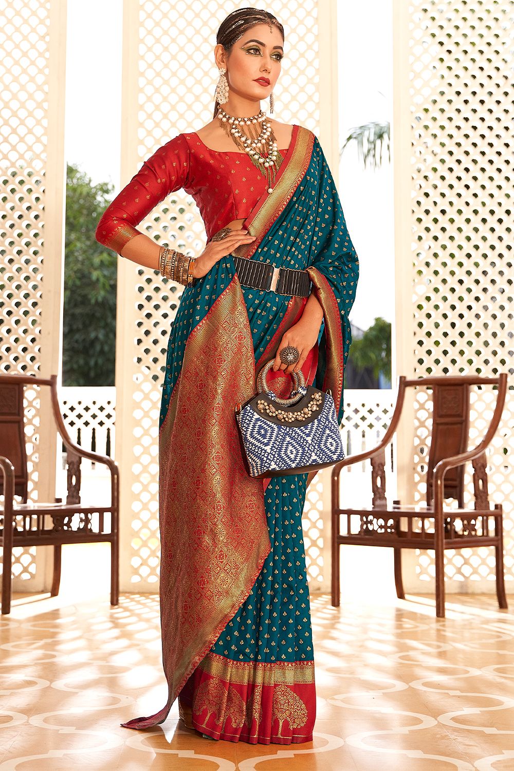 Teal Blue Soft Banarasi Saree With Copper Weaving