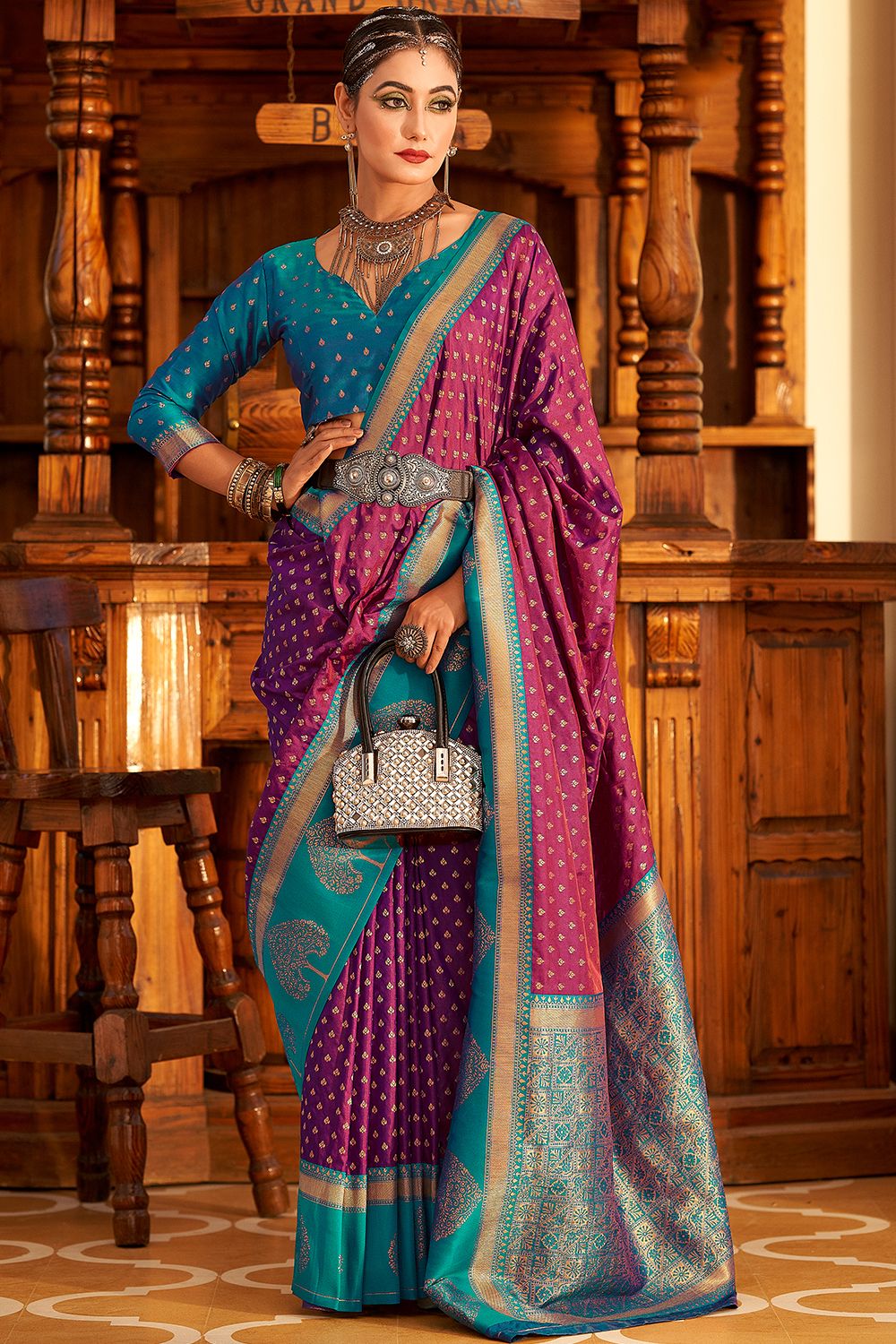 Wine Soft Banarasi Saree With Copper Weaving