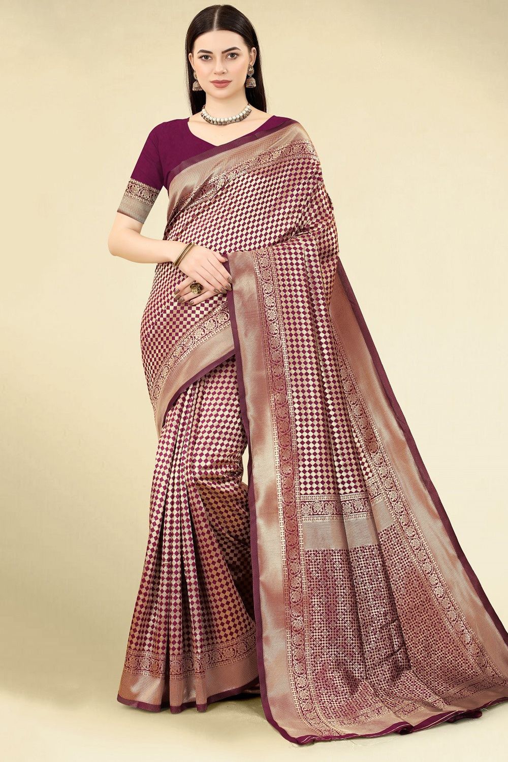 Wine Weaved Jacquard Saree