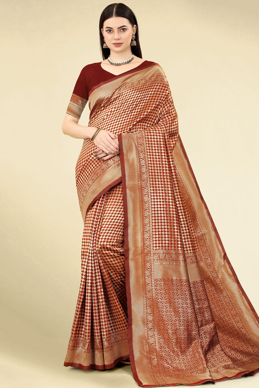 Maroon Weaved Jacquard Saree
